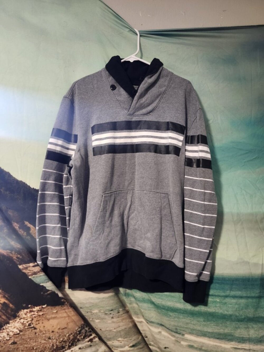 Sean John Grey Striped Hoodie Men's 2XL Pullover Button Collar Hip Hop Y2K EUC